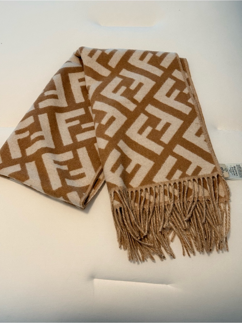 Fendi Beige & Cream FF Logo 100% Cashmere Fringe Scarf Like New Authentic
